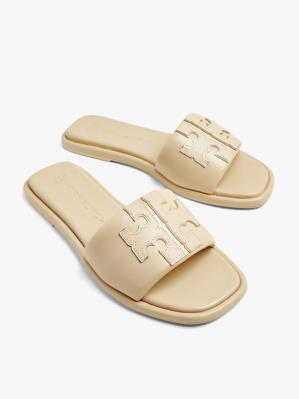 Tory Burch Double-T Monogram Padded Leather Slide Sandals in Light Cream SB9